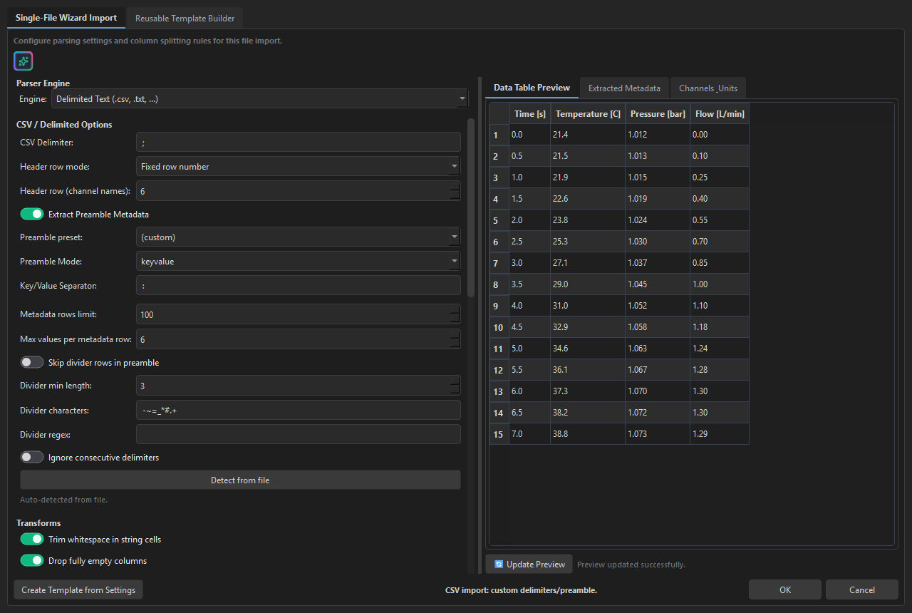 Advanced Import Utility configuring preamble and header detection for ThermoBench CSV
