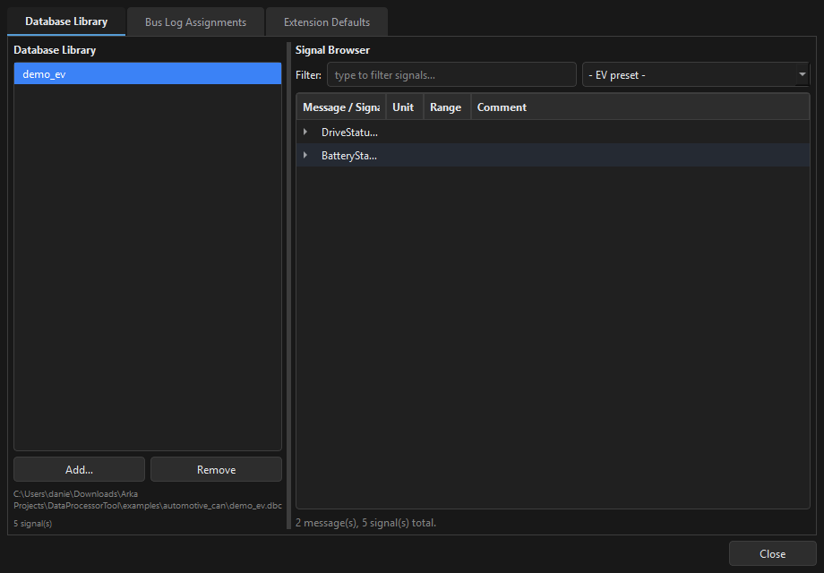 CAN Database Manager showing DBC file browser with EV signal presets