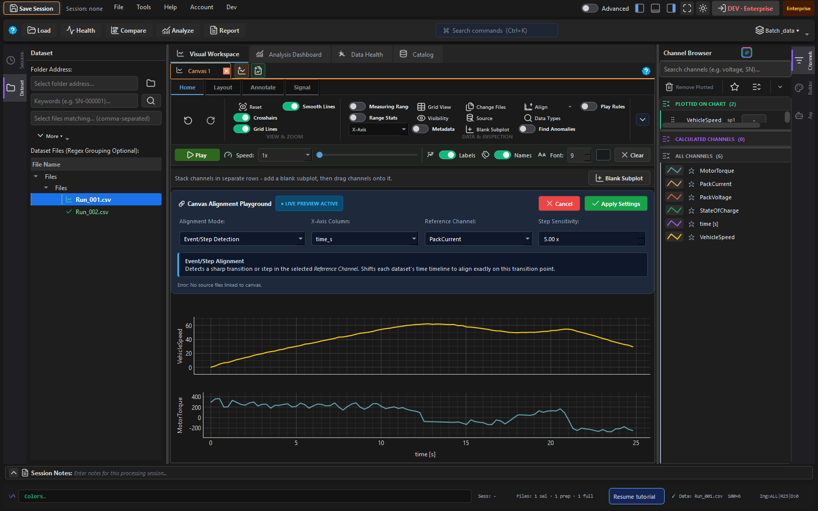 Compare Runs panel showing two overlaid drive cycles aligned on a common time axis