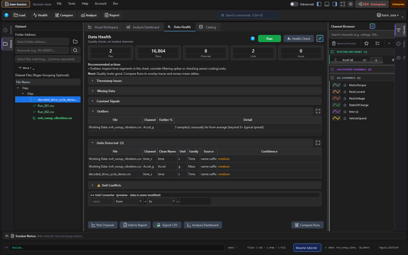 Data Health panel showing Pass badge, completeness metrics, and channel quality summary