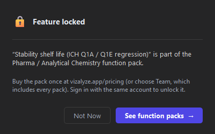 Prompt explaining which function pack unlocks the chosen function
