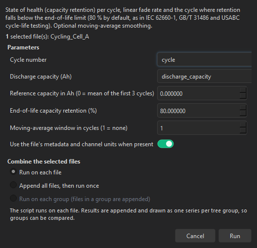 Run form of the battery capacity fade function with channel pickers and numeric settings