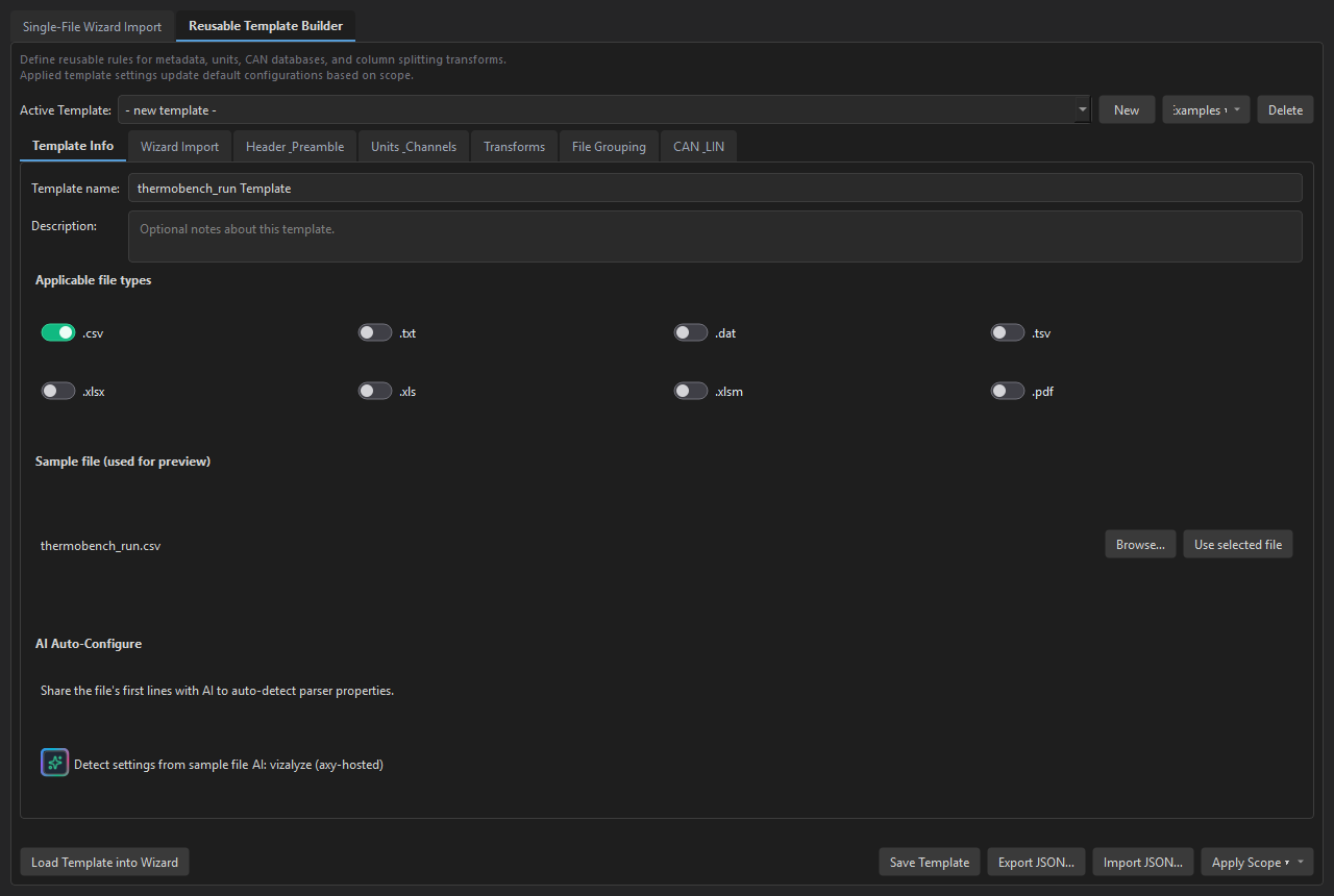 Import Template Builder configuring preamble parsing and header row detection for a ThermoBench CSV export