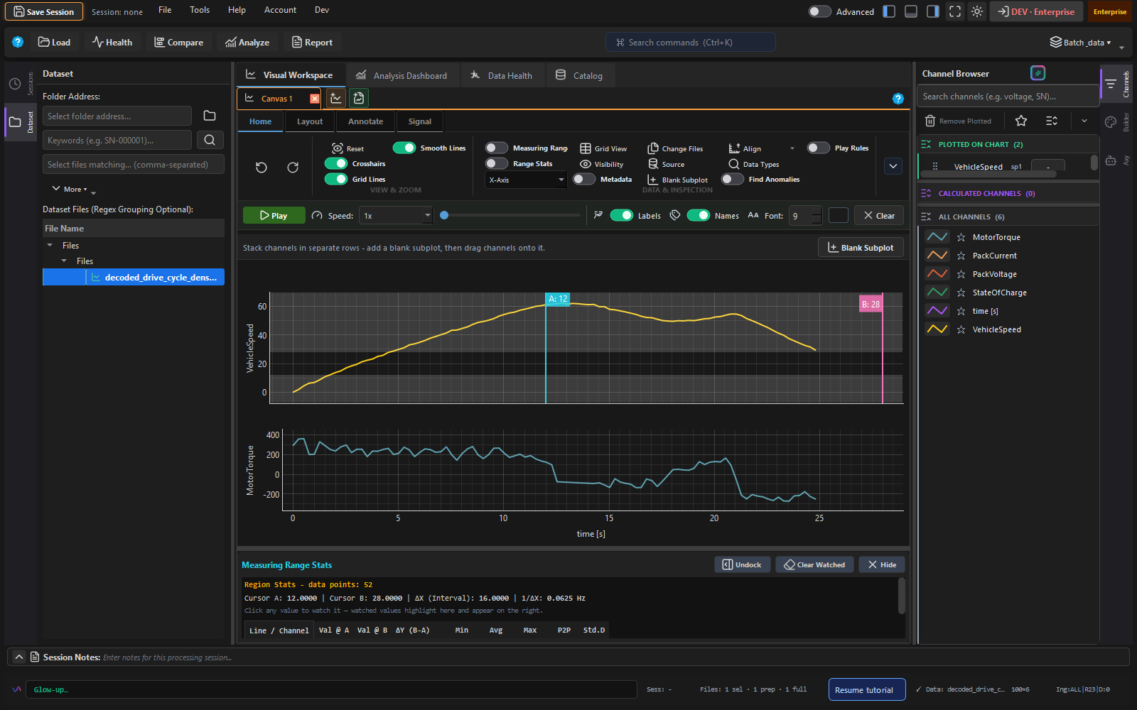 Inspect tool with A/B cursors on a drive cycle