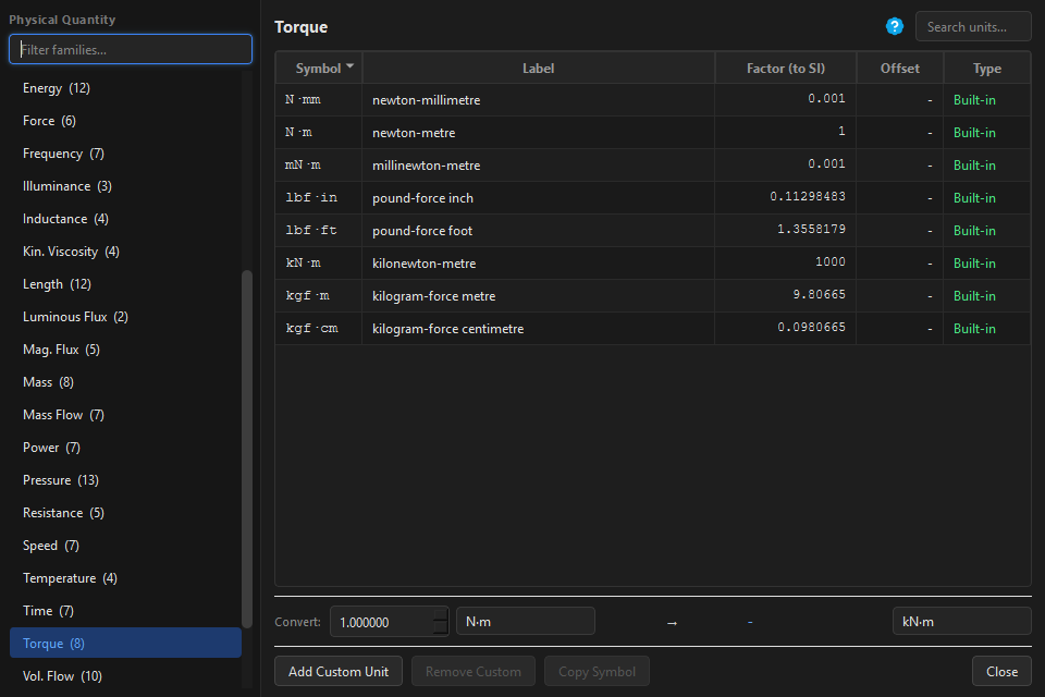 Engineering Unit Library with torque family and inline converter