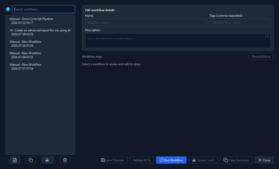 Saved workflow library with drive cycle QA pipeline steps